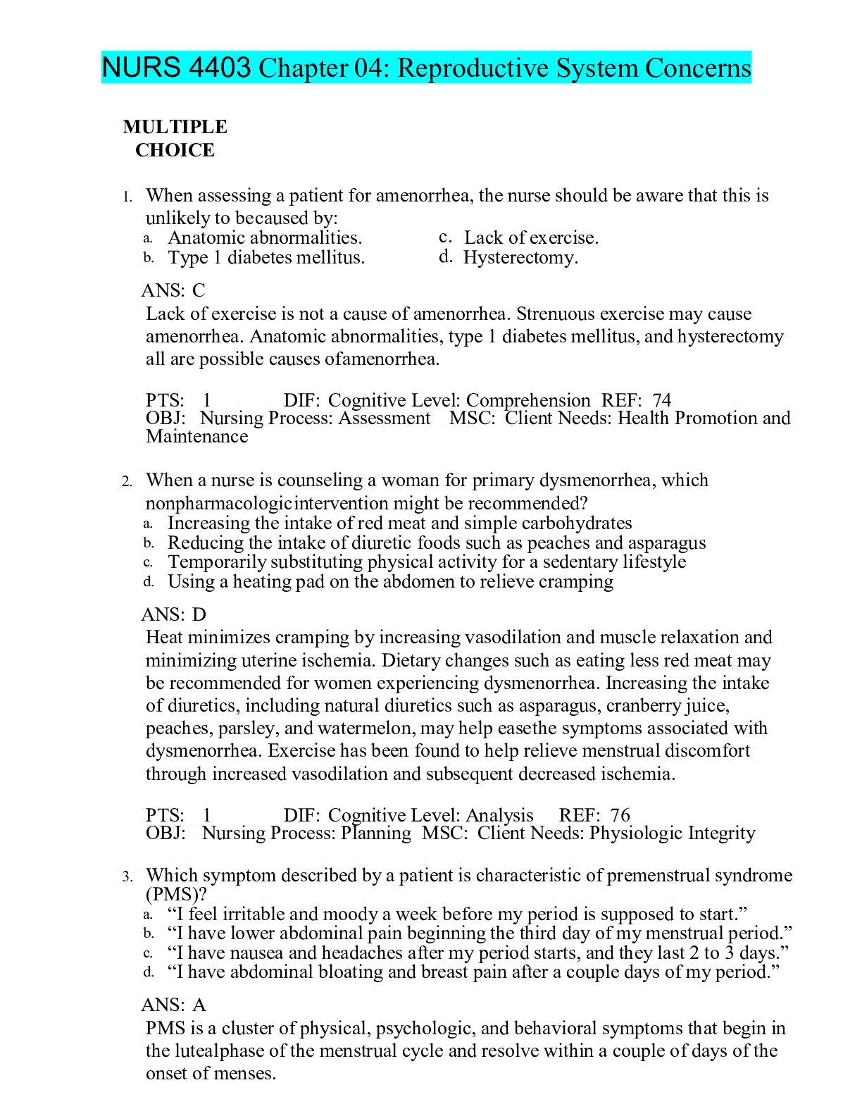 Preview image of NURS 4403 Chapter 04: Reproductive System Concerns,100% CORRECT document